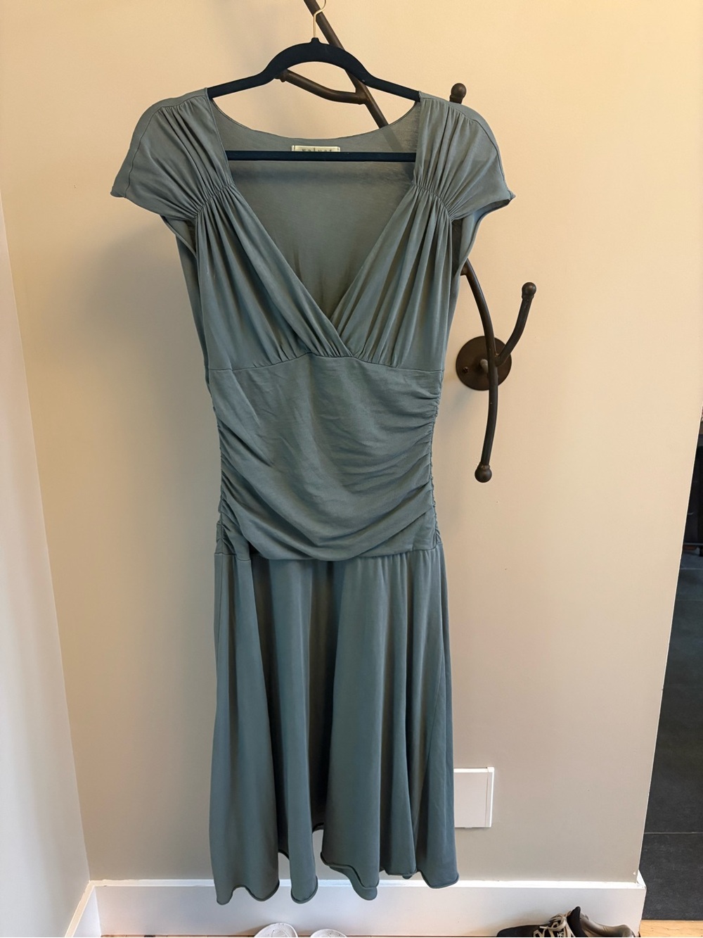 Velvet Sage Green V-Neck Ruched Midi Dress